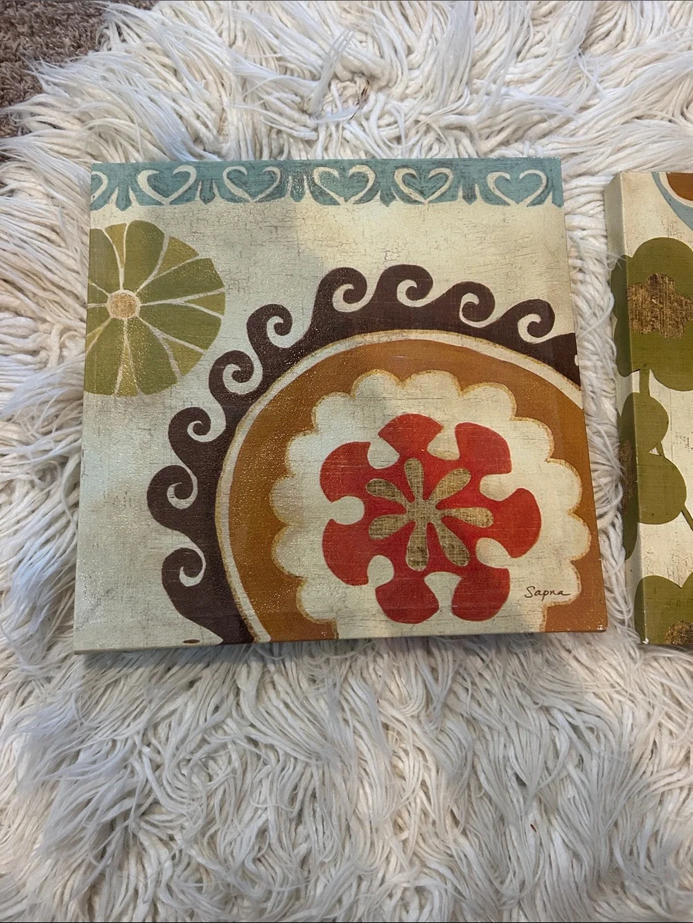 Set of 2 Floral Abstract Canvas Prints in Cream, Green & Orange